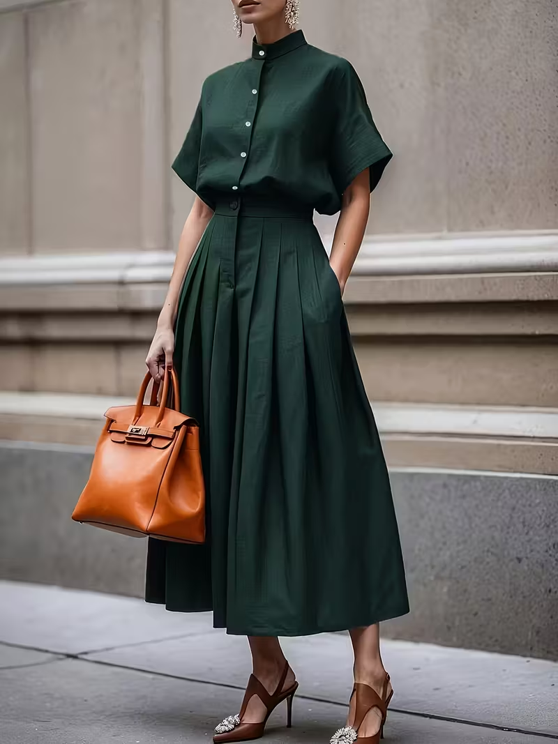 Women’s Dark Green Shirt and Pleated Skirt Set